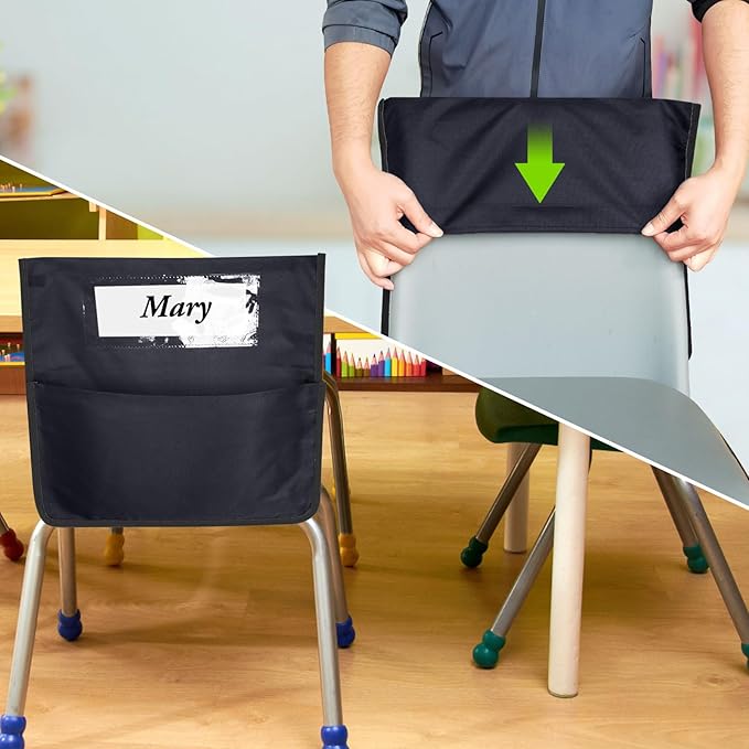 AZKAQA Chair Pockets for Classroom 15.6x16.8 Inch - 12 Pack Chairback Buddy Pocket Chart Seat Back Organizer Student Storage with Lable Slot for Classroom Kindergarten School Home (Black)