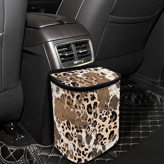 Talayituse Brown Leopard Cow Print Car Trash Can with Lid, Leak Proof Auto Trash Bag Hanging Vehicle Garbage Can Multipurpose Storage Container for Back Seat Road Trip