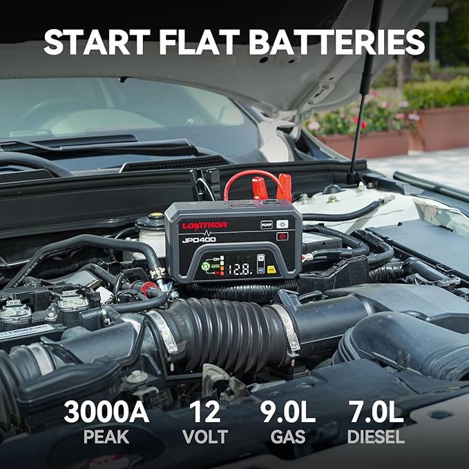 LOKITHOR JPD400 Jump Starter with Air Compressor and Deflator, 3000A Car Battery Jump Starter (9.0L Gas/7.0L Diesel) Jump Box with 150PSI Tire Inflator, 10000mAh Power Bank, LED Light, Jumper Cables