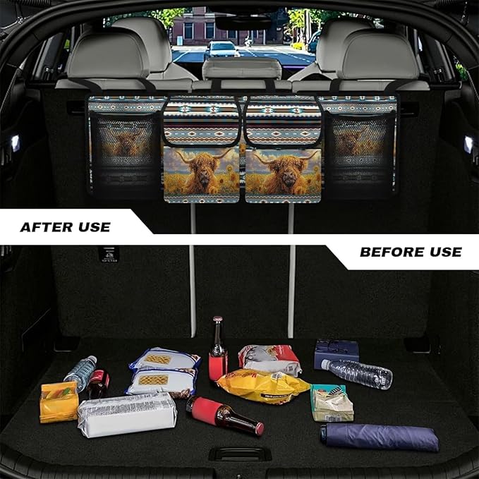 Hanging Car Trunk Organizer Aztec Cow Car Back Seat Storage Bag Auto Cargo Bag Collapsible Auto Interior Accessories for Sedans SUV Jeep Trucks MPV Van