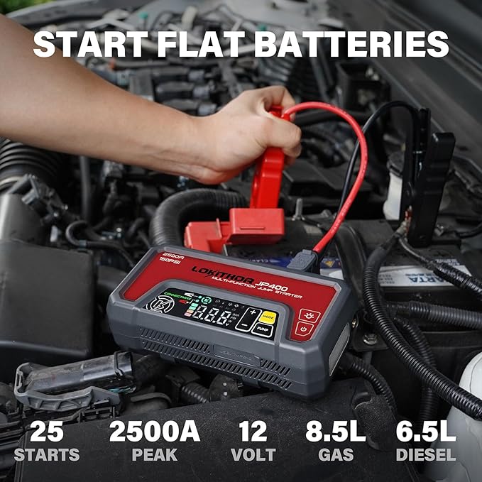 LOKITHOR JP400 Jump Starter with Air Compressor, 2500A 12V Portable Car Battery Booster Pack (8.5L Gas/6.5L Diesel) with ConnectMax Tech, 150PSI Tire Inflator, Auto-Shutoff & Dynamic Dwell (Red)