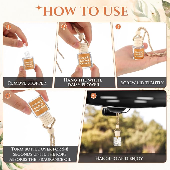 Siifert 2 Sets Hanging Car Air Freshener and Essential Oil Diffuser, Car Air Freshener Daisy Essential Oil Diffuser Long Lasting Automobile Aromatherapy (White,Pistachio & Salted Caramel)