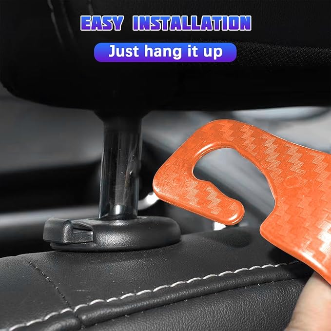Car Seat Headrest Hooks, 4PCS Carbon Fiber Vehicle Back Seat Storage Hanger Holder for Hangbag Coat Grocery, Automotive Interior Headrest Hook Organizer, Universal for Vehicles (Orange)