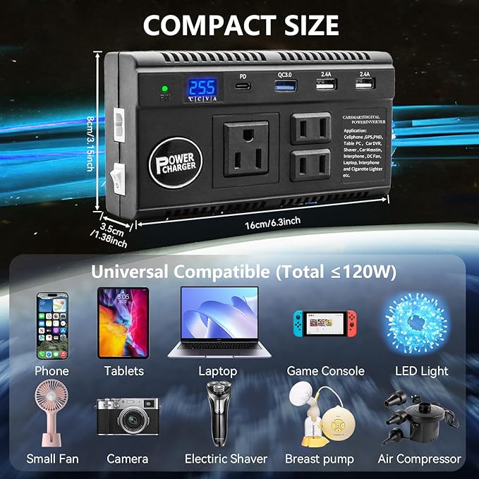 Car Power Inverter 120W DC 12V 24V to AC 110V Car Charger Adapter with 3 AC Outlets Dual Cigarette Lighter 4 USB Ports Charger Quick Charging 3.0 for Phones Tablets Laptops Kindle (Black)