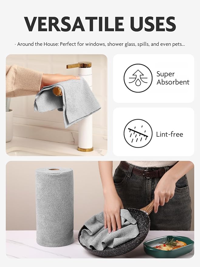 Fantasticlean Microfiber Cleaning Cloth Roll -60 Pack, Tear Away Microfiber Towels, 12" x 12", Reusable, Washable, Scratch Free, Ultra Absorbent for All-Around Cleaning Supplies (Grey & DimGrey)