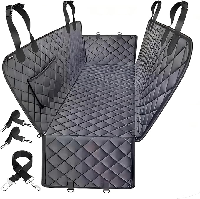 Jubily Dog Car Seat Cover for Back Seat, 100% Waterproof 600D Oxford Cloth Non-Slip Car Seat Protector, Universal Fit Pet Seat Cushion with Storage Pocket, Safety Ropes & Leash (Black Edge)