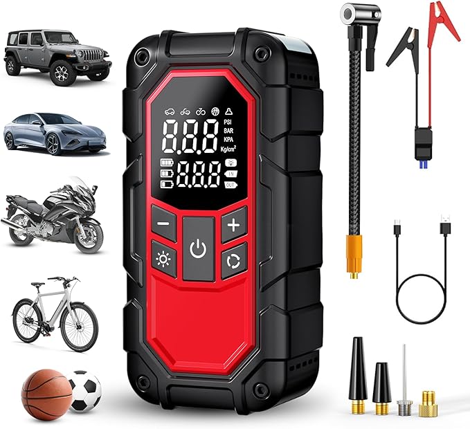 Jump Starter with Air Compressor,Car Battery Jump Starter (9.0 Gasoline/6.5L Diesel) with 150PSI Digital tire inflator Portable,12V Power Pack Car Jump Box Charger with LCD Display, Lights