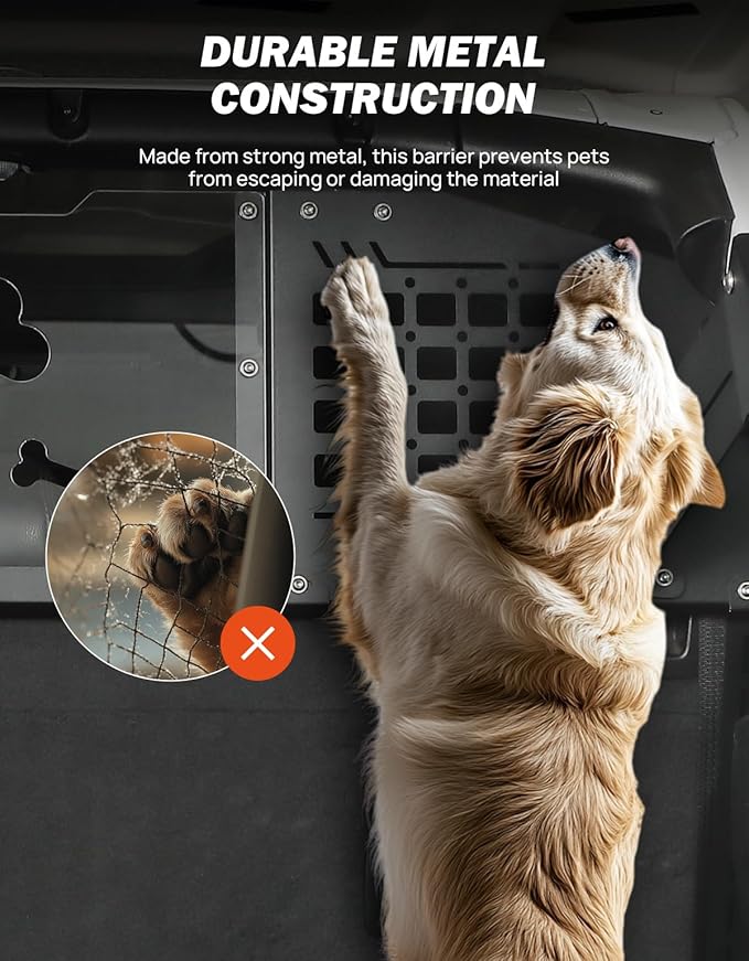 JOYTUTUS Heavy Duty Dog Car Barrier for Wrangler JL 2018-2023, MOLLE Compatible Dog Car Barrier for Cargo Area Car Divider, No Drill Large Pet Car Gate Trunk Barrier