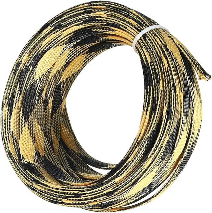 Aicosineg 32.81ft PET Flexible Braided Cable Sleeve 0.44inch Width Wire Loom Sleeving and Organizer Flexible Wire Mesh Sleeve Wrap Protector for TV Audio PC Cords from Pets Chewing Black and Yellow