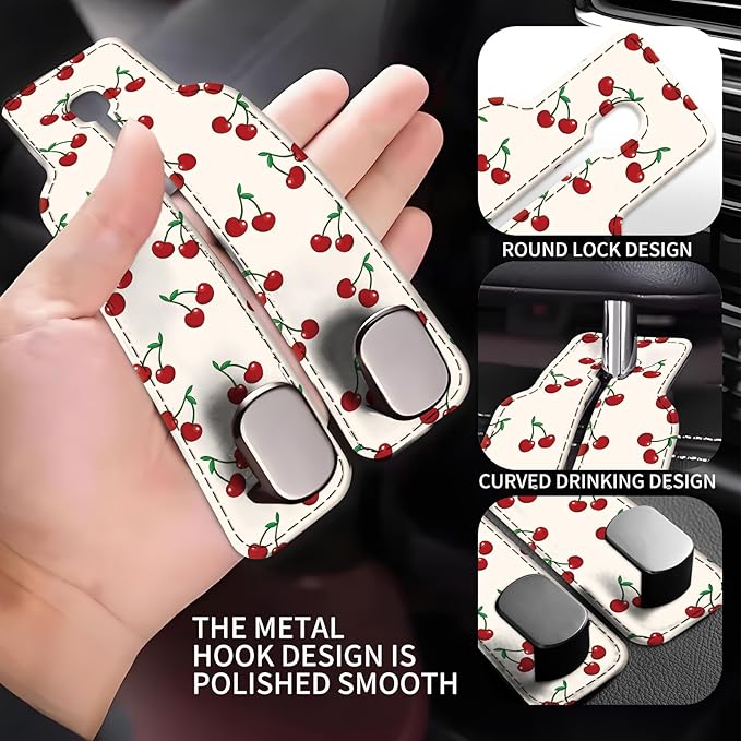 Car Seat Back Storage Headrest Hook, Premium Leather Double Metal Hook, Hanger Storage Organizer for Purse Cloth Bag, Car Interior Accessories White Red Cherry