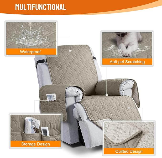 VANSOFY 100% Waterproof Recliner Chair Covers, Recliner Cover Non-Slip Dog Chair Cover Furniture Protector Washable Slipcover with Pocket, Elastic Straps for Pets, Dogs(Khaki, 25")