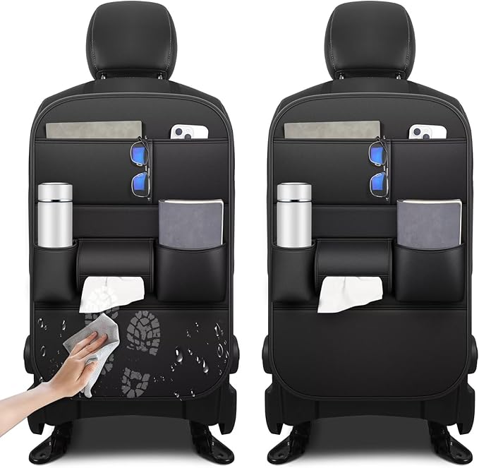 Back Seat Protector 2 Pack Fit For Ford Explorer Car Kick Mats with Cup & Tissue Storage Organizer Pockets Waterproof Dirt Proof Faux Leather Auto Accessories For Kids(1 Pair Black)