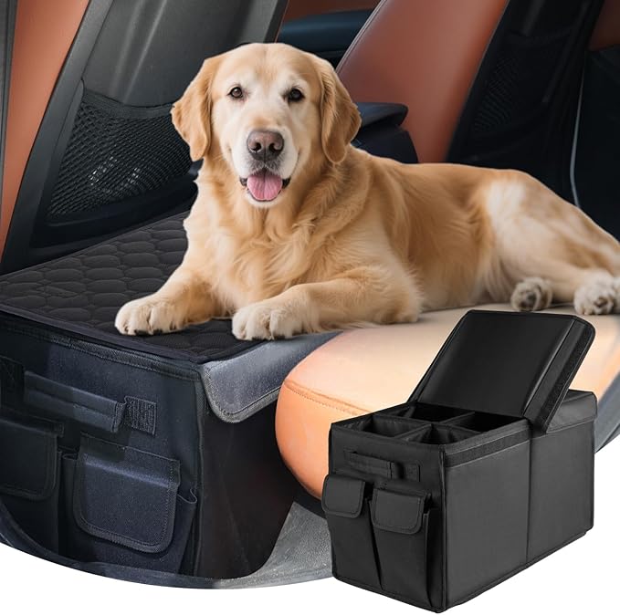 Back Front Seat Extender for Large Dogs Up to 200 Lbs, Adjustable Dog Back Seat Extender with Cushion & Storage Box, Car Organizer Gap Filler for Front or Back Seat