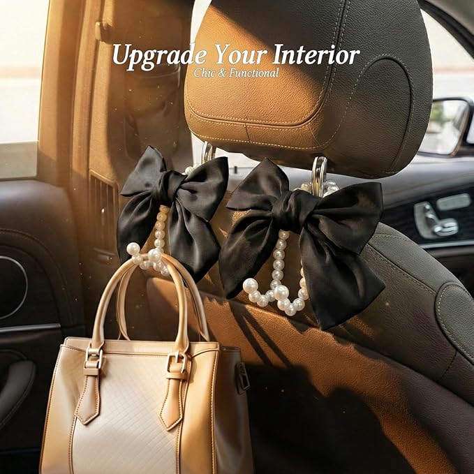 2PCS Satin Bow Pearl Car Seat Headrest Hooks – Car Bag Holder & Vehicle Hanger for Purses – Cute Coquette Aesthetic Interior Decoration – Cute Auto Organizer Accessories Universal (Black)