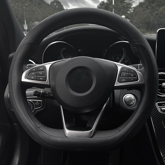D Shaped Steering Wheel Cover, Flat Bottom Car Wheel Cover 14 1/2-15 inch (37-39 cm), Breathable Microfiber Leather, Black