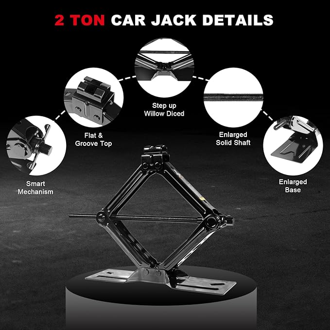 Big RED Car Jack 2Ton/4409 lbs Universal Scissor Jack with Rubber Pad, Portable Tire Changing Kit with Lug Wrench, Emergency Kit for Sedan SUV MPV