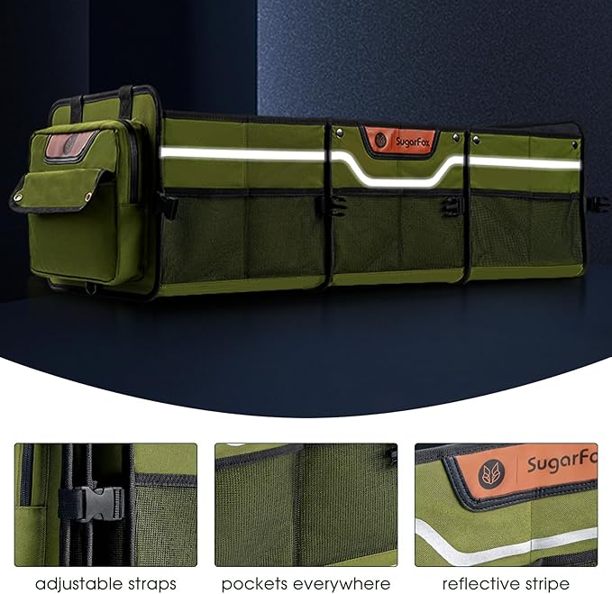 Car Trunk Organizer for SUV, Heavy Duty Waterproof Trunk Organizer, Foldable Collapsible Car Organizer with Cooler, Multi-Compartment Large Trunk Organizer (95L), Green-M003
