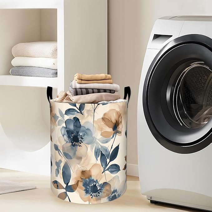 Elegant Blue Beige Flowers Watercolor Art Laundry Basket with Handles, 19.7"x15.7" Clothes Foldable Laundry Hamper Organizer for Dorm Nursery Bedroom Bathroom Decor, Toy Storage Bin for Kids