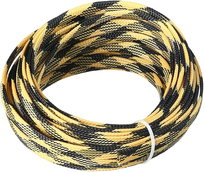 Aicosineg 32.81ft PET Flexible Braided Cable Sleeve 0.33inch Width Wire Loom Sleeving and Organizer Flexible Wire Mesh Sleeve Wrap Protector for TV Audio PC Cords from Pets Chewing Black and Yellow