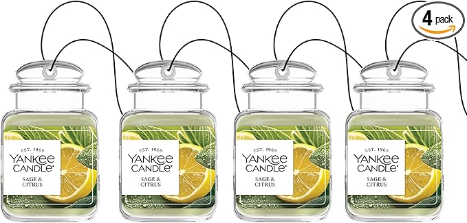 Yankee Candle Classic Paper Car Jar Air Freshener, Hanging Car Freshener, Long Lasting Car Fragrance, Sage & Citrus (Pack of 4)