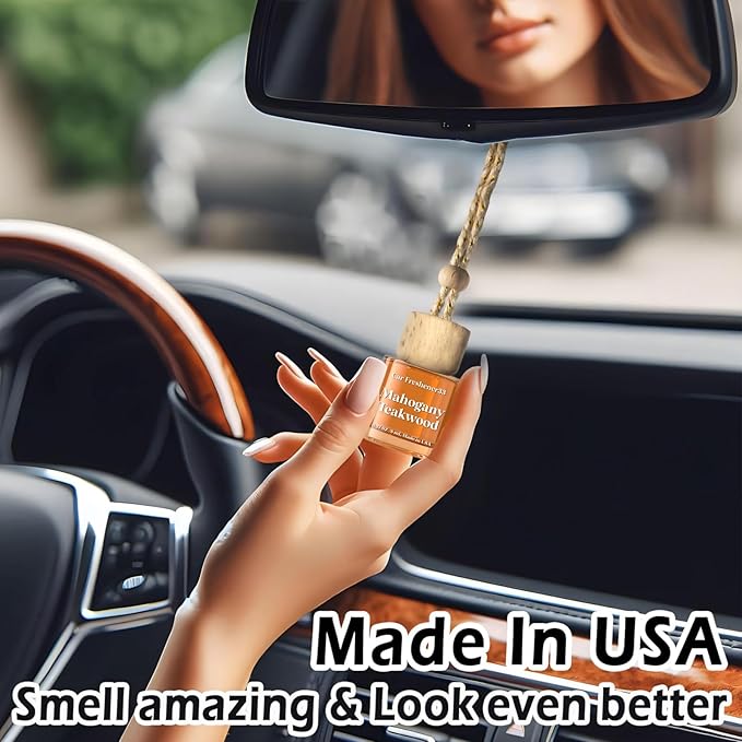 C Classy Hanging Car Air Freshener 2 Pack, Mahogany Teakwood, Brown Glass Bottle Diffuser, Long-Lasting Fragrance, Cute Car Accessories for Women & Men, Made in USA