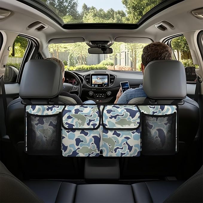 Fish Camouflage Hanging Car Organizer Waterproof Foldable Cars Interior Organizing Accessories 37" x 11.8" Large Capacity Car Organizers and Storage for Cars SUV Sedans