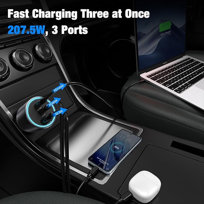 140W USB C Car Charger, Super Fast Charging for iPhone 17 Pro Max/16/MacBook Pro/Air/Samsung S26, Drone, Laptop, Starlink Mini, PD3.1 & PPS 45W Type C Cigarette Lighter Adapter with 100W E-Mark Cord