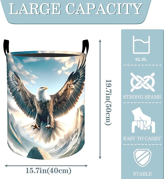 Bald Eagle Mountain Laundry Basket, Dirty Collapsible Clothes Toy Organizer Hamper for Kids Adults, Oxford Cloth Waterproof Storage Bin for Bedroom Bathroom Patriotic Decor Gifts, 19.7"X15.7"