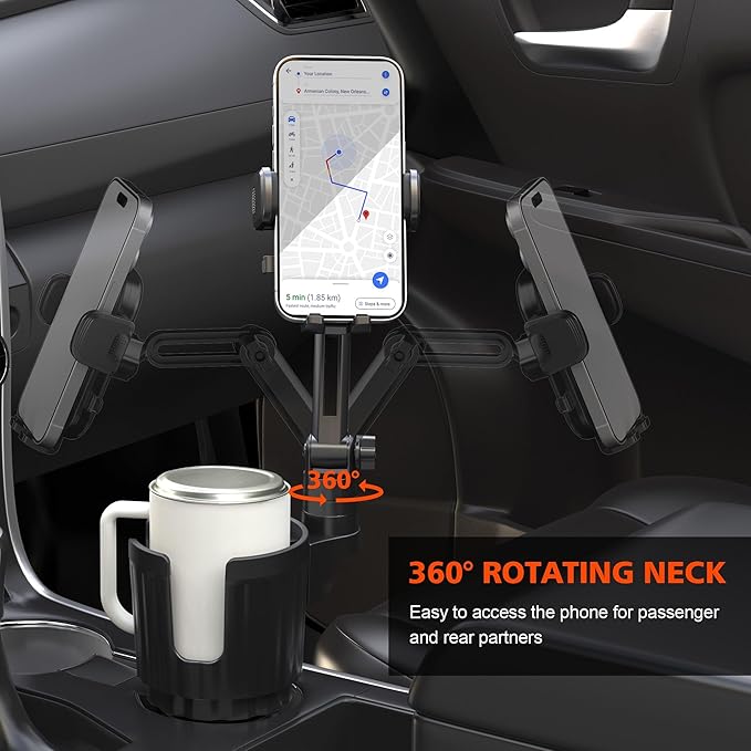 2 Pack Newlest 2 in 1 Phone Mount for Car Cup Holder with Adjustable Base, Phone Holders for Car Cupholder, No Shaking 360° Flexible Neck Phone Mount for All 4-7” Smartphones, Cup Holder for Bottles