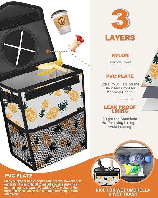 Car Trash Can with Lid, Cute Leakproof Car Trash Garbage Bag Hanging Vehicle Trash Bin Small Portable Automotive Garbage Cans Organizer for Back/Front Seat(Trapezoid,Pineapple Print