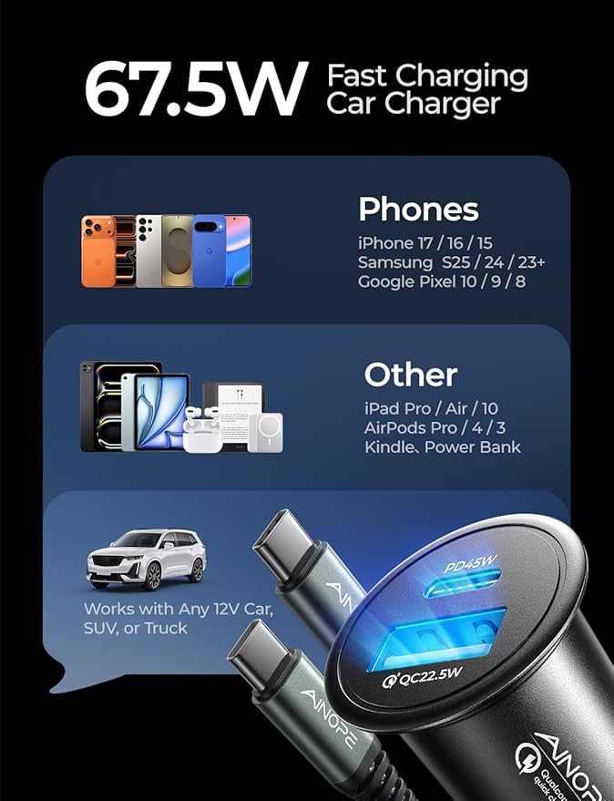 AINOPE 67.5W Car Charger USB C Fast Charge for iPhone 17 Pro Max, PD 45W USB C Car Charger Fast Charging【Mini &Metal】Cigarette Lighter Adapter USB-C Charger for Samsung Galaxy S26 S25 for iPhone16 15
