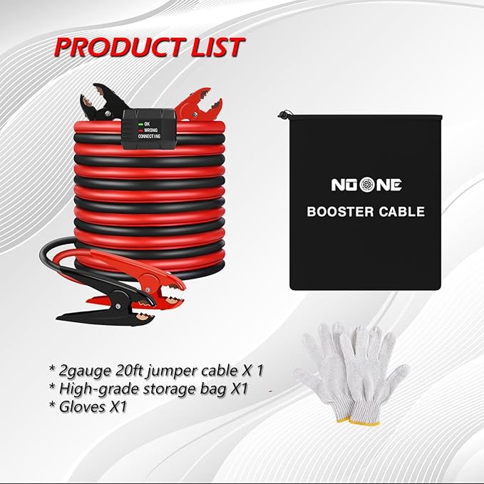 NOONE Heavy Duty Jumper Cables, 2 Gauge 20Feet 800Amp Automotive Booster Cables with Reverse Polarity Protection for Car, SUV and Truck, Jumper Cables Kit with Carry Bag