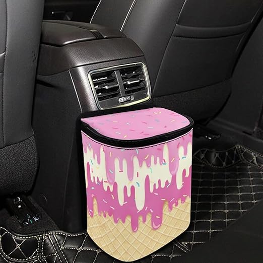 KEIAHUAN Ice Cream Car Trash Can with Lid Cute Leakproof Car Trash Garbage Bag Hanging Multi-Functional Rubbish Bag for Travelling, Camping