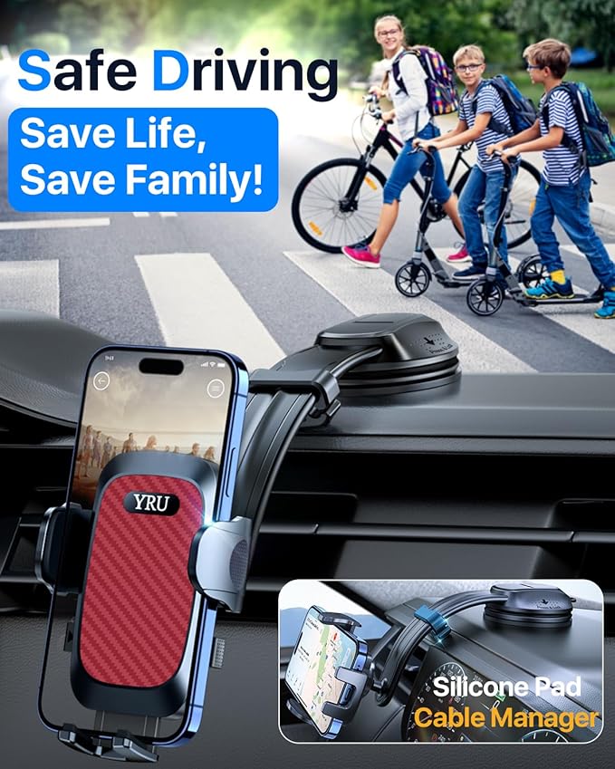 YRU [2026 Ultimate Car Phone Holder Mount [Bendable & Adjustable Aluminum Arm] Cell Phone Holder for Car Dashboard Windshield Phone Stand for iPhone 17 16 15 14 Pro Max Samsung Pickup Truck,Tomato Red