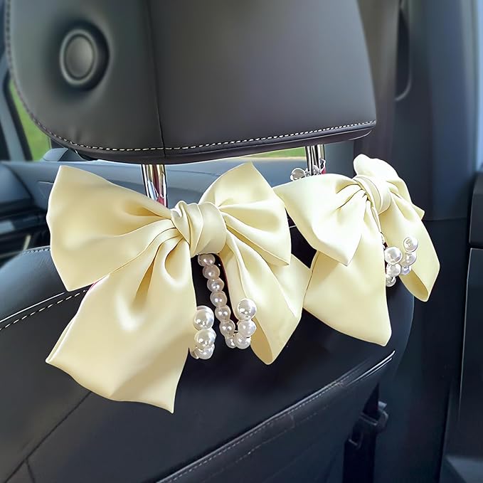 2 PCS Bow Pearl Car Seat Headrest Hook – Cute Purse Hook for Car, Girly Interior Decoration Accessories Hook Hanger, Seatback Holder for Purses & Bags, Elegant Car Organizer (Pearl White)