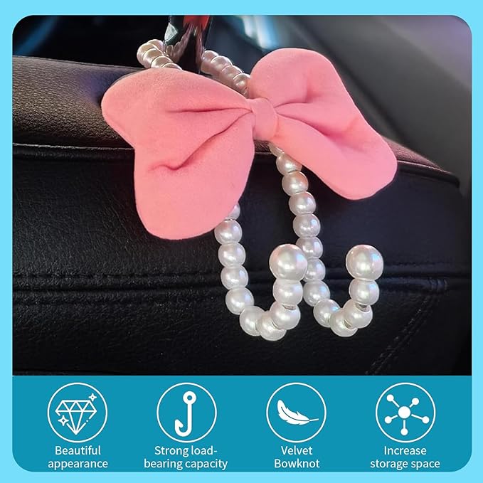 2 PCS Bow Pearl Car Headrest Hooks, Elegant & Cute Seatback Storage Organizers, Durable Alloy Accessories for Hanging Backpacks Umbrellas & Wallets for Girl Women's Vehicles (Pink)