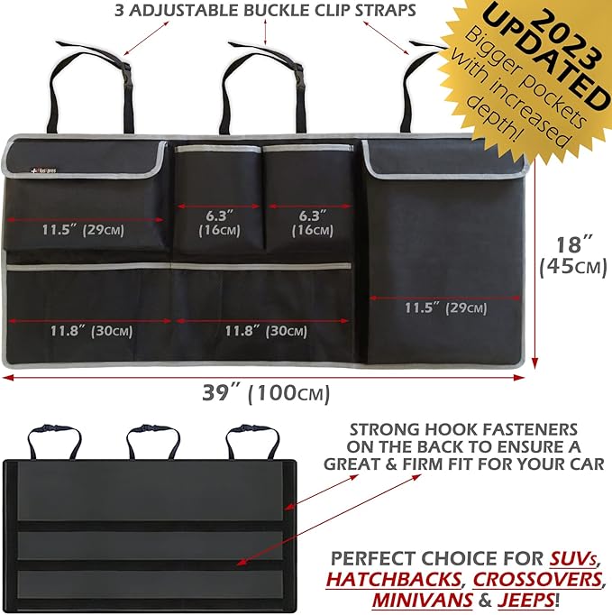 PlusXpres Car Backseat Trunk Organizer - Auto Hanging Seat Back Storage - Multipurpose Cargo Accessory - Space Saving Facilitator for SUV, Hatchback, Crossover, Minivan