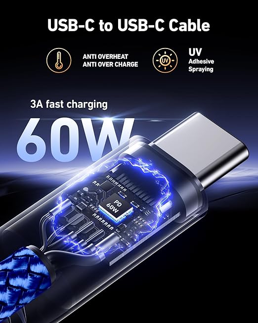 USB C to USB C Cable 60W [2Pack 3FT], USB C Fast Charging Cable for Car Durable Braided iPhone USB Type C Cable USBC to USBC Cord for iPhone 17/16/15/Pro Max/Plus, Samsung Galaxy S23 and More-Blue