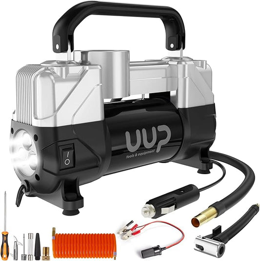 UUP Tire Inflator Air Compressor, 150PSI 12V DC Double Cylinders Heavy Duty Portable Air Pump w/Emergency LED Light for Truck, SUV, Car, RV (black1)