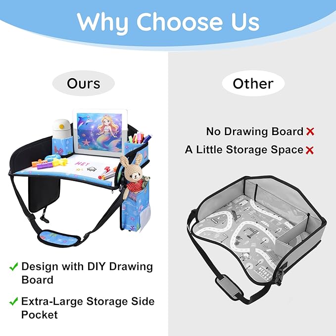 Kids Travel Tray, Kids Travel Trays for Car Seat, Road Trip Essentials for Toddler, Carseat Lap Tray with Dry Erase Board & Storage Organizer for Road Trip Activities for Kid, Bluish Violet