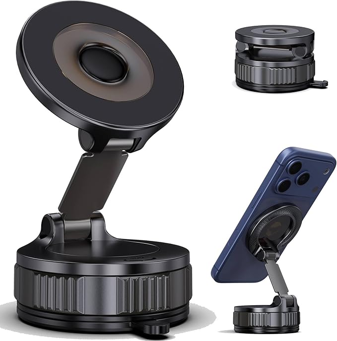 Jikasho Vacuum Magnetic Car Phone Holder for Magsafe, Hands-Free 360° Adjustable Suction Cup Phone Mount for Car/Gym/Mirror/Smooth Surface, Compatible with iPhone & Android (Black-360° Rotating Base)