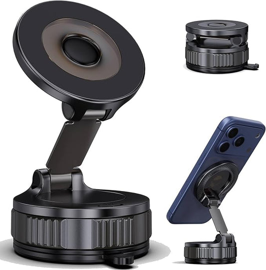 Jikasho Vacuum Magnetic Car Phone Holder for Magsafe, Hands-Free 360° Adjustable Suction Cup Phone Mount for Car/Gym/Mirror/Smooth Surface, Compatible with iPhone & Android (Black-360° Rotating Base)