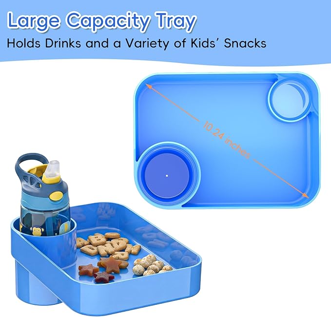 Kids Car Seat Tray, Travel Tray with Cup Holder for Toddler Baby, Kids Car Seat Food Snack Organizer for Road Trip, Stroller Snack Organizer Travel Must Haves Toddler Must Haves (Blue+Pink, 2 Packs)
