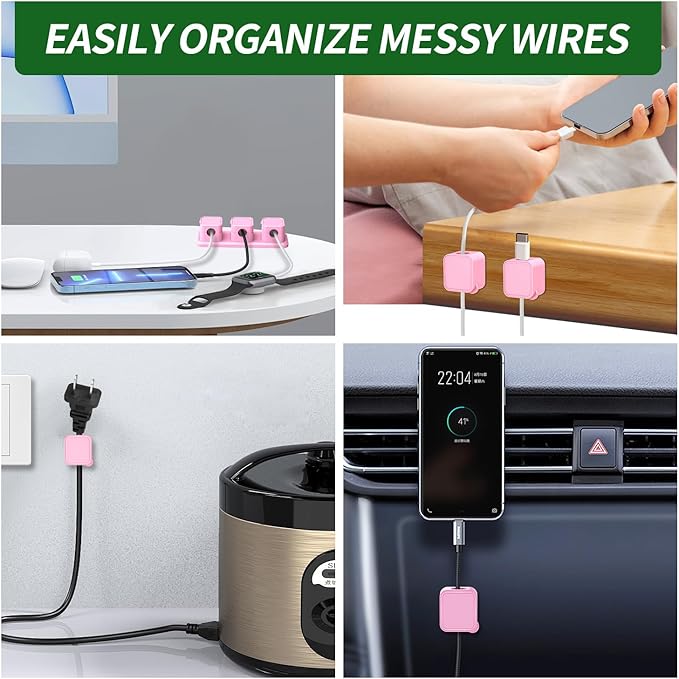 Magnetic Cable Organizer for Desk – Upgraded Wire Clips with Adhesive Base – Desktop Cord Holder for USB, Charging Cables – 6 Clips + 1 Magnetic Base (Pink)