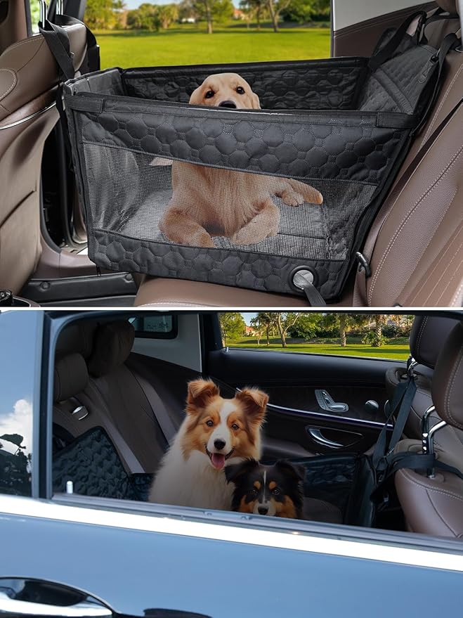 Prpeko Dog Car Seat for Large Dogs,Waterproof Fabric with Breathable Mesh&Adjustable Dog Seat Belt for Car,Dog Bed for Back Seat Up to 40 LB-Medium
