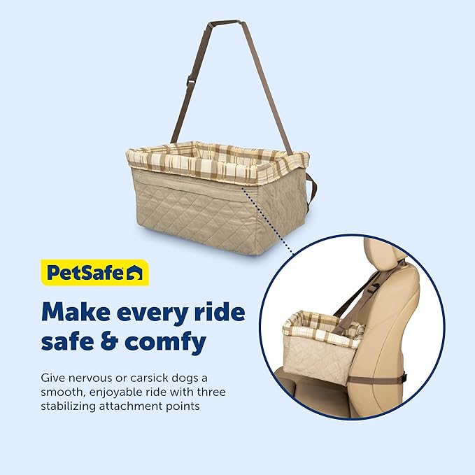 PetSafe Happy Ride Booster Seat for Dogs - Open Road Comfort - Safe Tether System - Zipper Pouch Dog Seat - Machine Washable Fleece Liner - Easy Install Design - Tan - Up to 18 lb