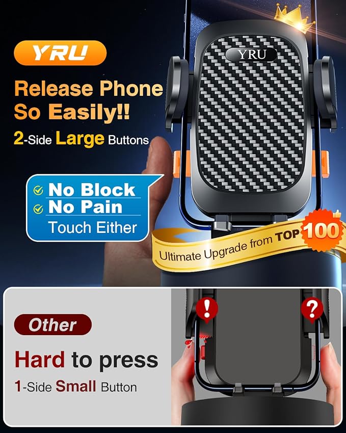 YRU True Military-Grade [360° Rotation Suction] 2026 Ultimate Car Phone Holder Mount 【90+LBS Safest Strongest & Patent Certs】 Dashboard Windshield Vent for iPhone 17 Pro Max Speaker Boxes, Gloss Black