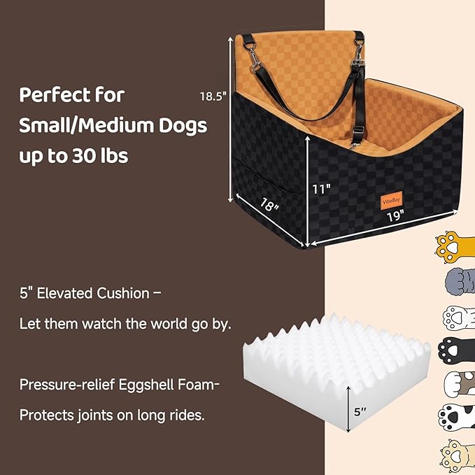 Dog Car Seat for Small Dogs, Portable Booster Seat with Memory Foam, Removable Washable Cover, Storage Pocket & Anti-Anxiety Elevated Design for Medium Dogs Under 35 lbs (Brown, Medium)
