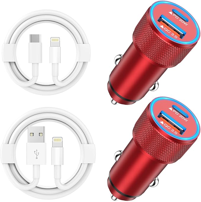 iPhone Car Charger,[2 Pack] 38W Dual Port USB C + QC 3.0 Wall Chargers [Apple MFi Certified] Cigarette Lighter Fast Car Charger Adapter with 2 pack Lightning Cable for iPhone 14 13 Pro Max 12 11 (Red)