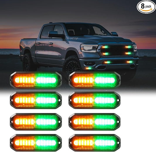WINECO Green/Amber led strobe lights for trucks 8pcs 12-LED Surface Mount Flashing Strobe Lights kit for Trucks Car Vehicles LED Mini Grille Grill Strobe Light Head Emergency Hazard Warning lights